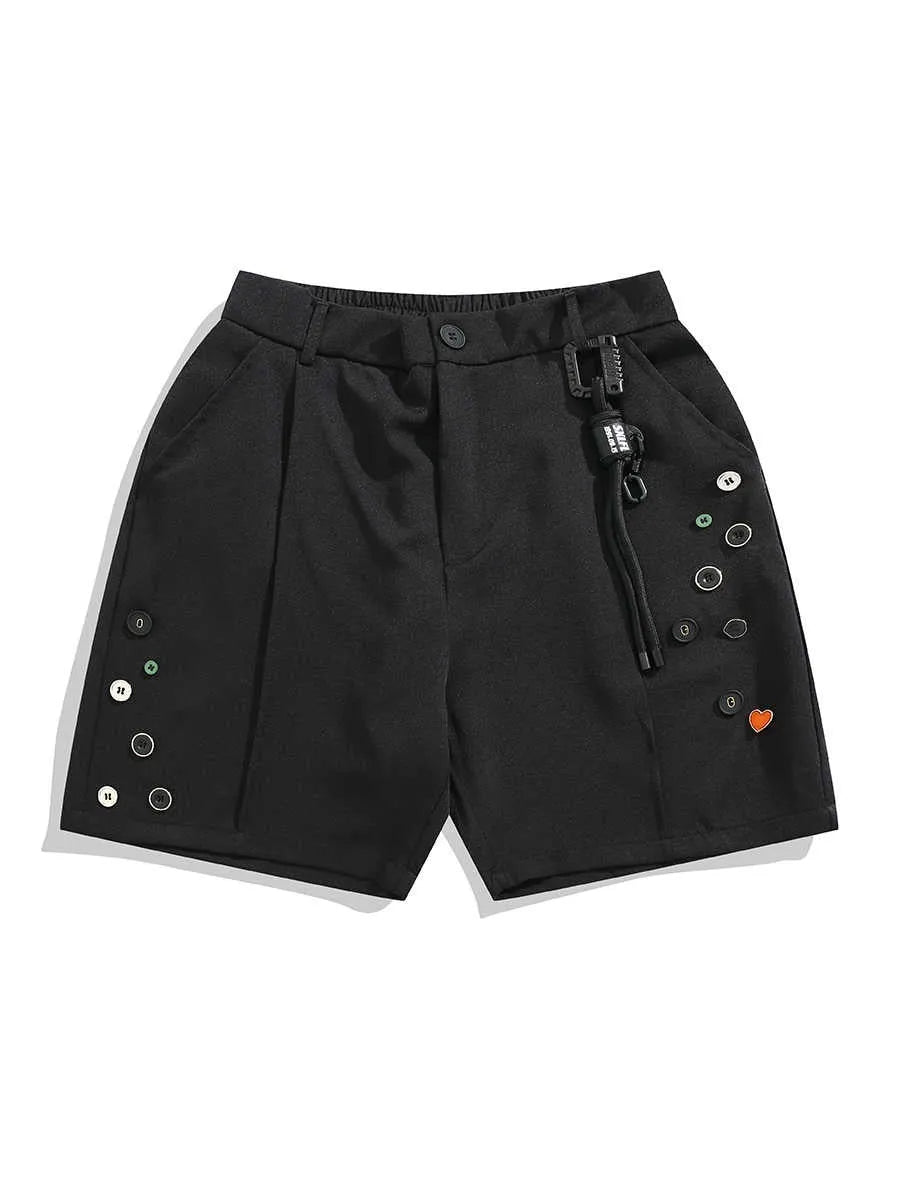 Men's black loose-fit casual shorts with a semi-elastic waistband, colour button, and zipper fly.
