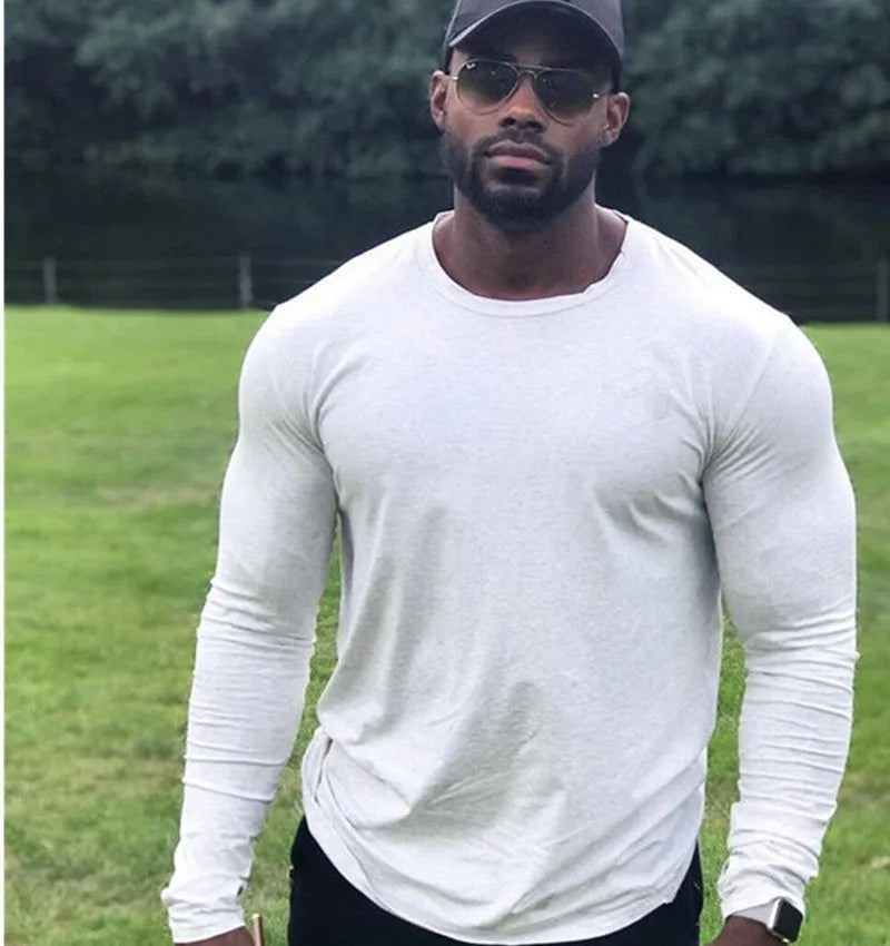 Men's long-sleeved modal T-shirt, slim fit, round neck, plain design, white grey black green, sizes M-XXL