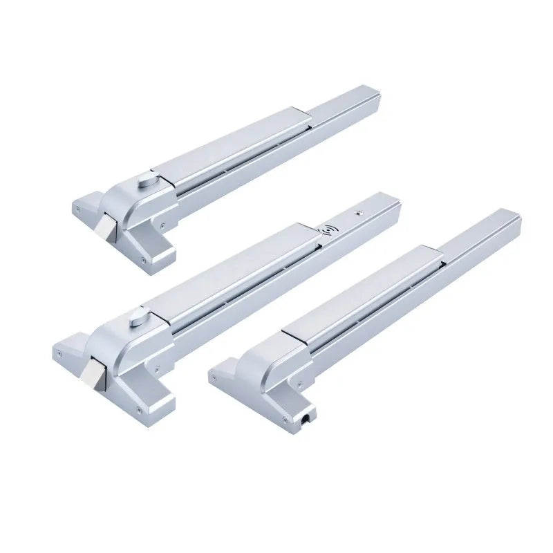 Stainless steel fireproof door push lock with external handle for 65cm wide doors.