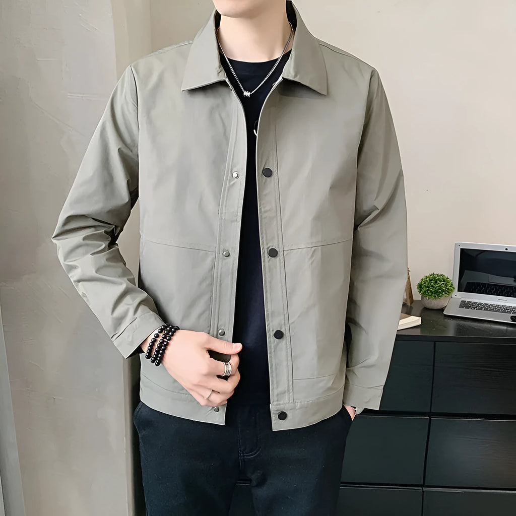 Men's thin single-layer Korean-style jacket in grey, shown on a hanger.