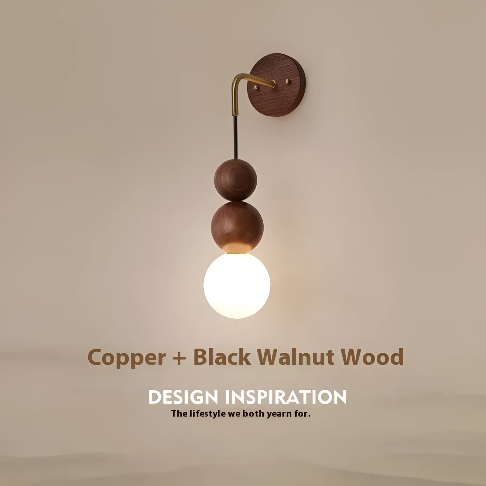 Wood and copper wall lamp with suspension wire and tri-colour light, 10cm diameter