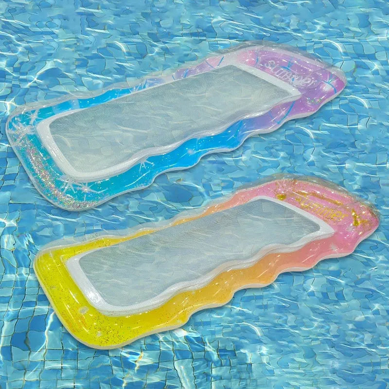 PVC inflatable floating row with gradient sequined designs in blue, pink, and purple colours for pool use