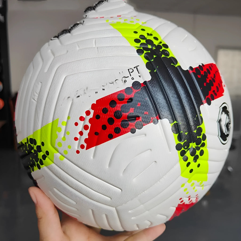 Fluorescent green size 5 PU football with seamless thermal adhesive patch construction for club and league training