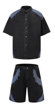 Retro washed denim short sleeve jacket and trousers suit set in blue colour.