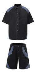 Retro washed denim short sleeve jacket and trousers suit set in blue colour.