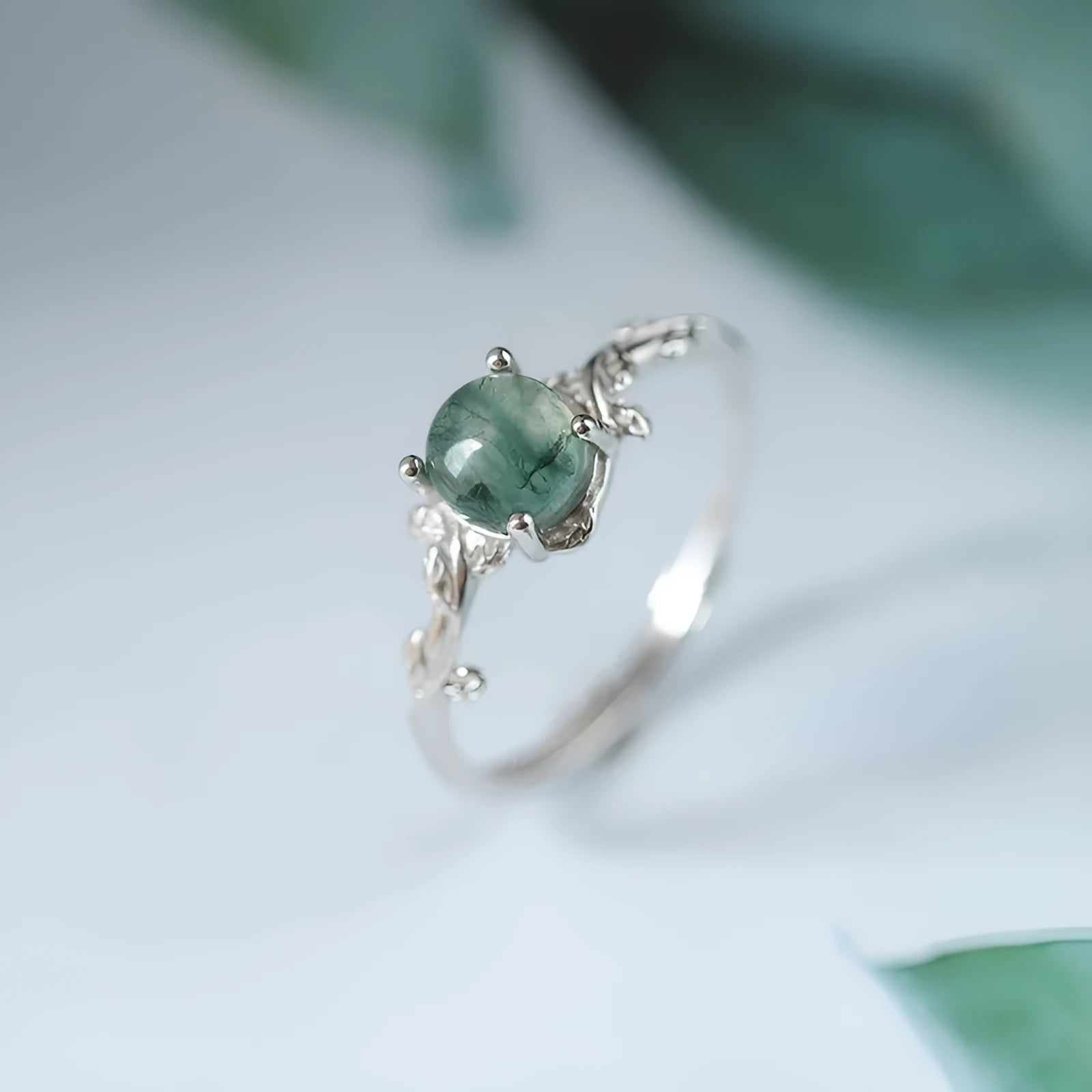 S925 silver ring with green moss agate stone and water plant pattern in geometric shape