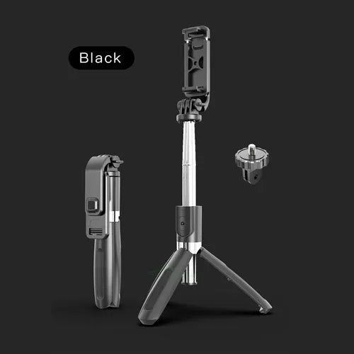 Black Bluetooth selfie stick extended with smartphone mounted, wireless remote control visible