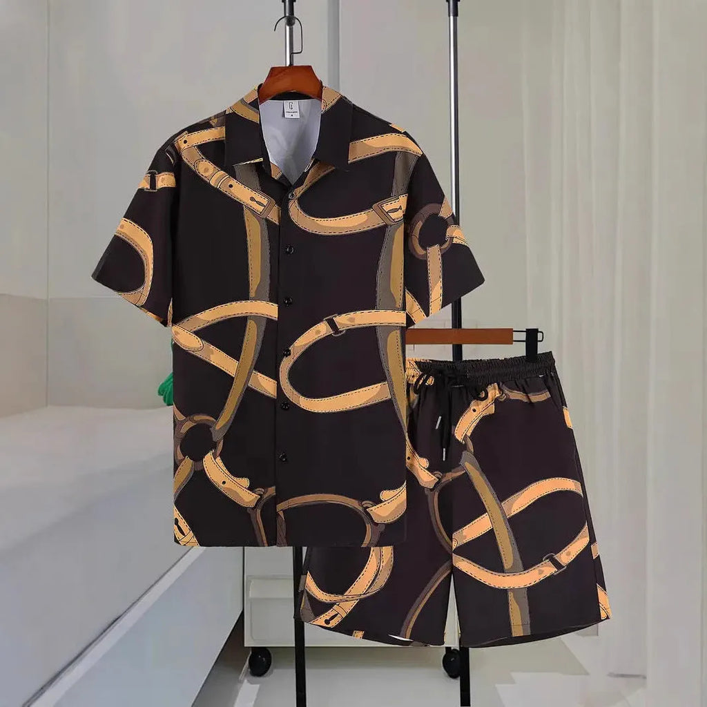 Men's printed short sleeve shirt and shorts summer casual leisure outfit