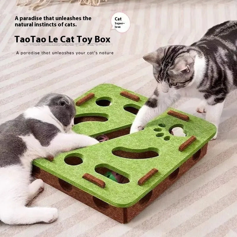Square felt cat toy puzzle box 30cm with multiple holes in green brown colour