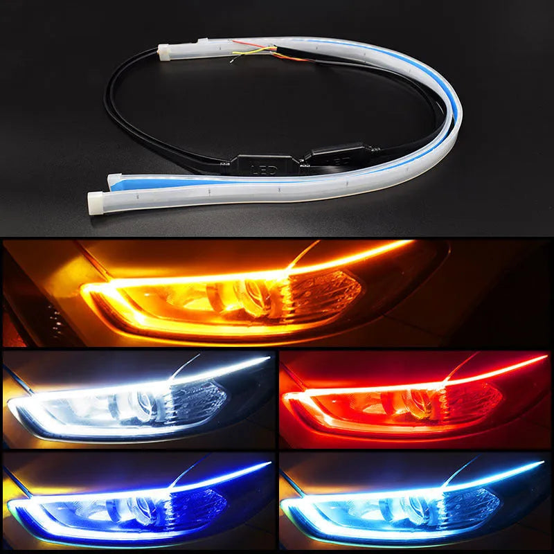 Flexible silicone car LED light strip for daytime running lights and animated turn signals.