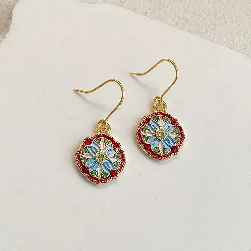 Oil painting earrings for women, New Chinese style, ZC916 Golden Yellow, electroplated alloy, one pair.