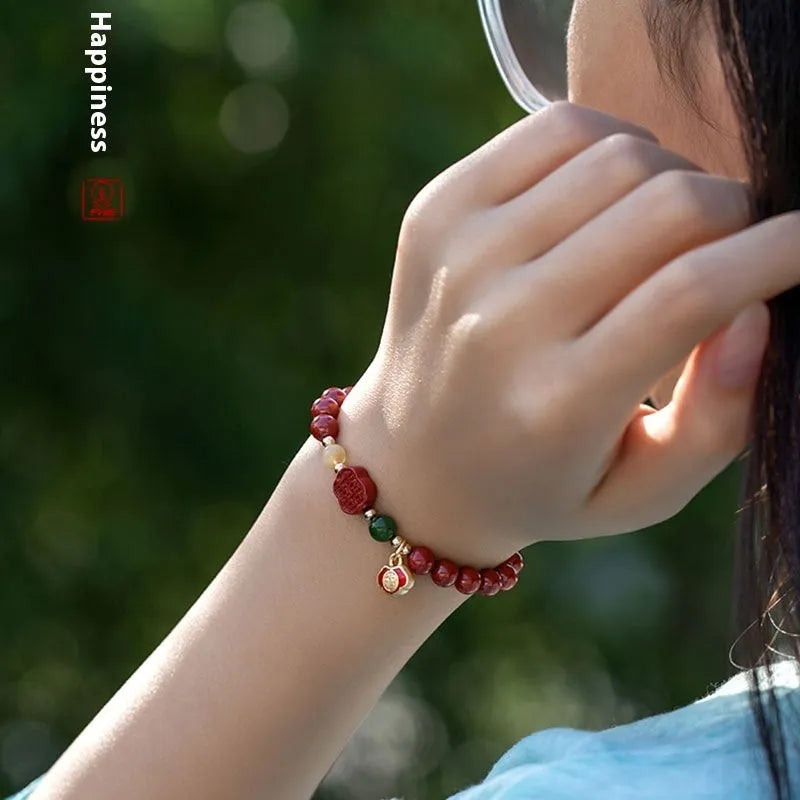 Happy Eyebrow Bracelet with Emperor Sandstone beads and fu character in New Chinese style.