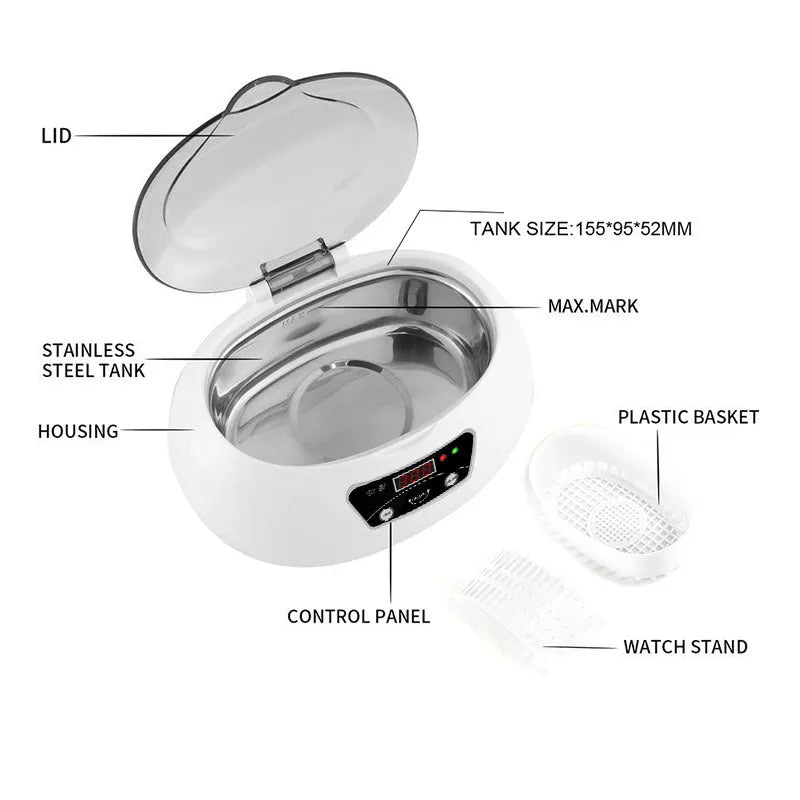 Ultrasonic cleaning machine for home in white blue, 40KHz digital control, compact 20.6 x 15.2 x 13.2 cm
