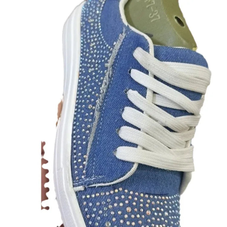 Plus size women's black casual shoes with rhinestones, thick rubber soles and lace-up front