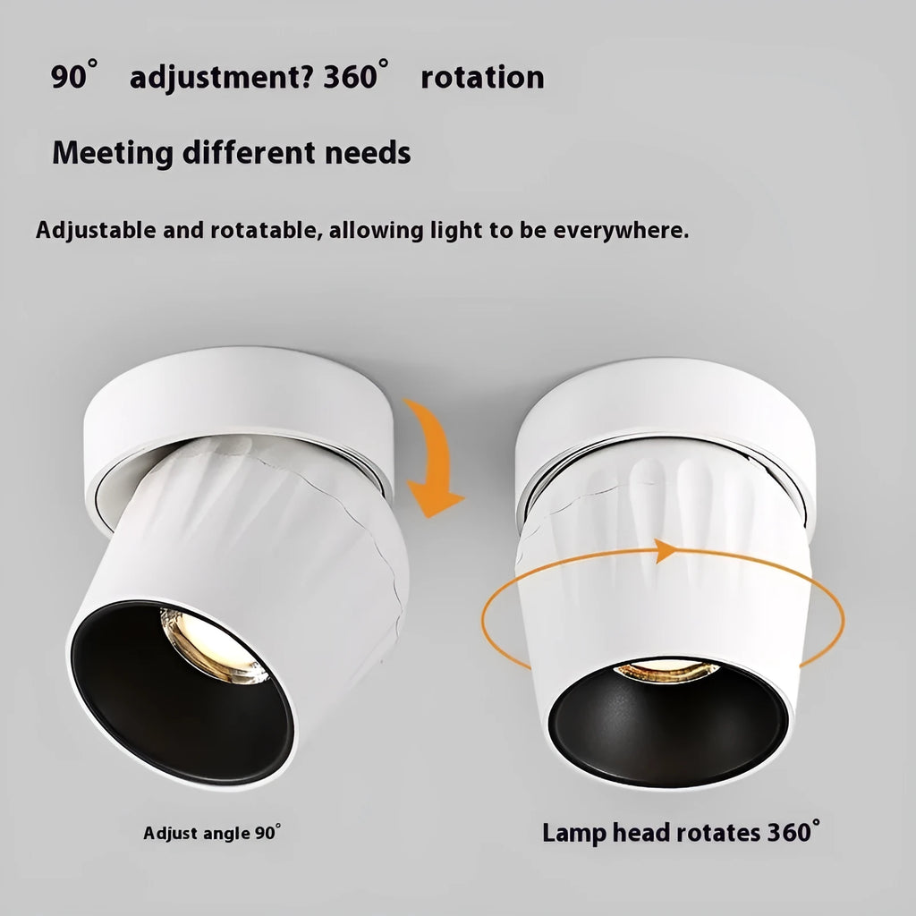 Surface mounted adjustable angle LED ceiling spotlight with black finish and aluminium body for home living room