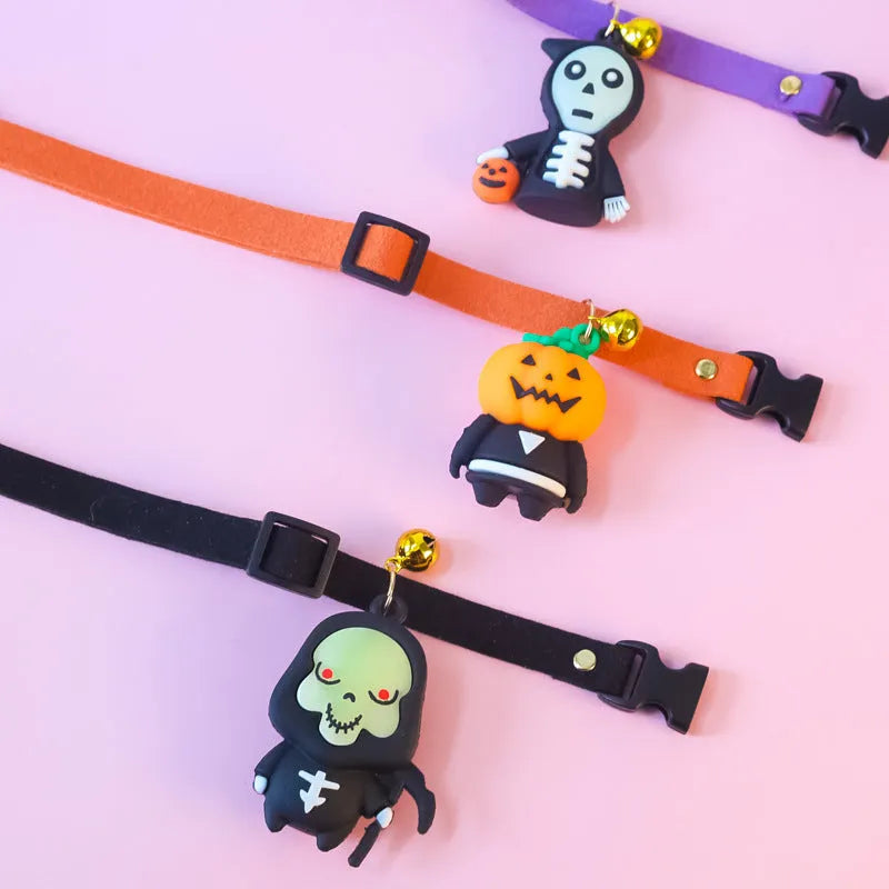 Halloween dog collar decoration in polyester with cartoon pumpkin, luminous brat, or skull patterns.