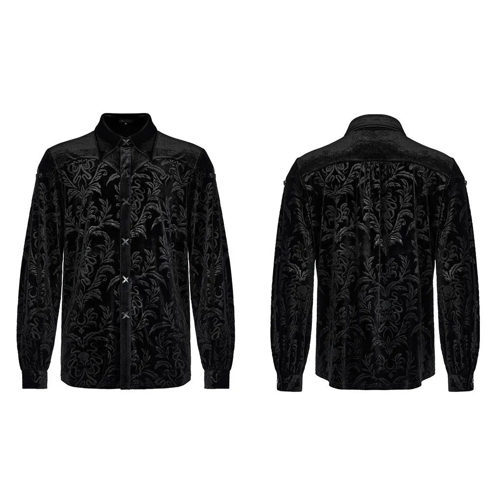 Men's black velvet shirt with Gothic printing, flocking, and fastener decoration on pointed collar long sleeve design