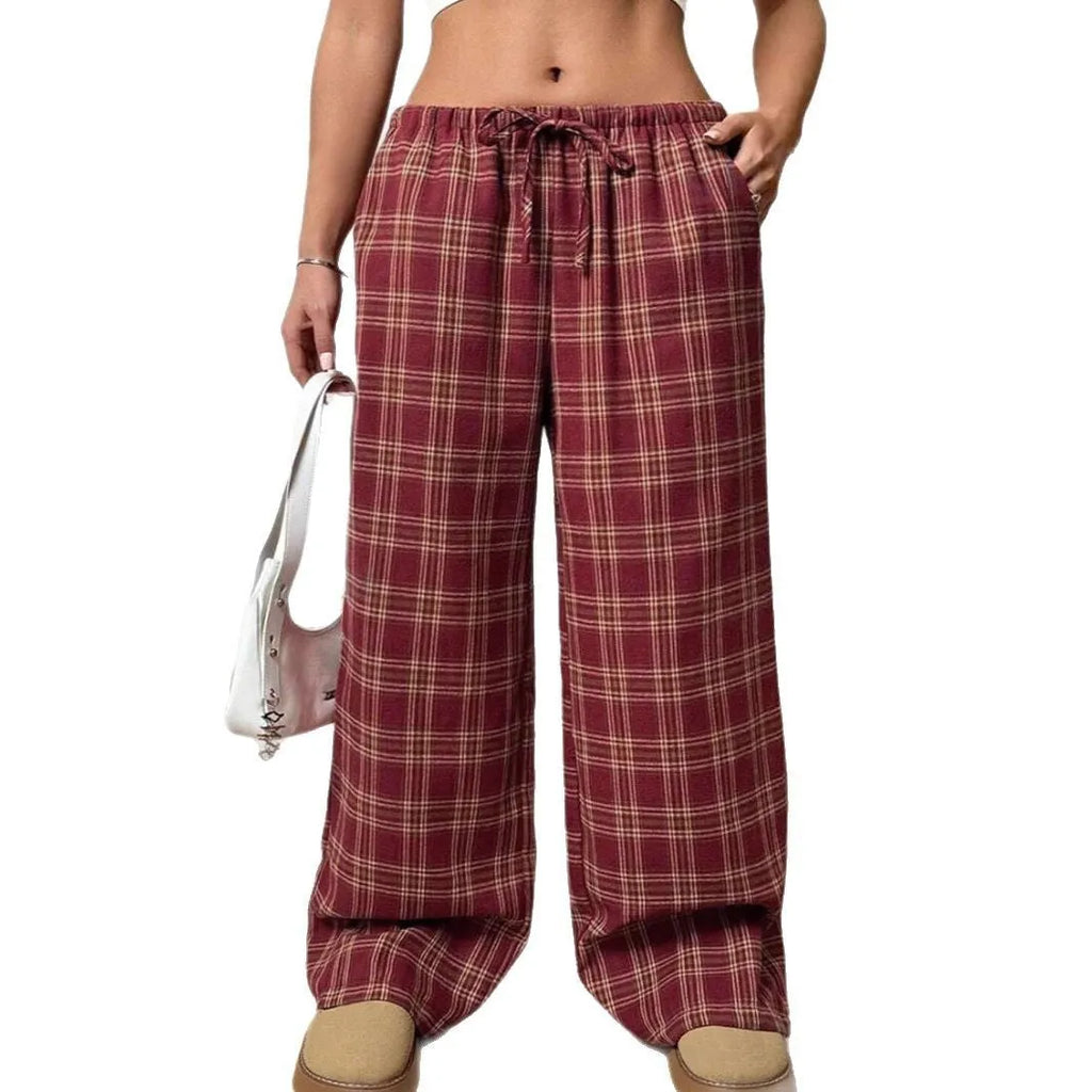 Women's loose fit plaid trousers with drawstring waist and side pockets in polyester fabric