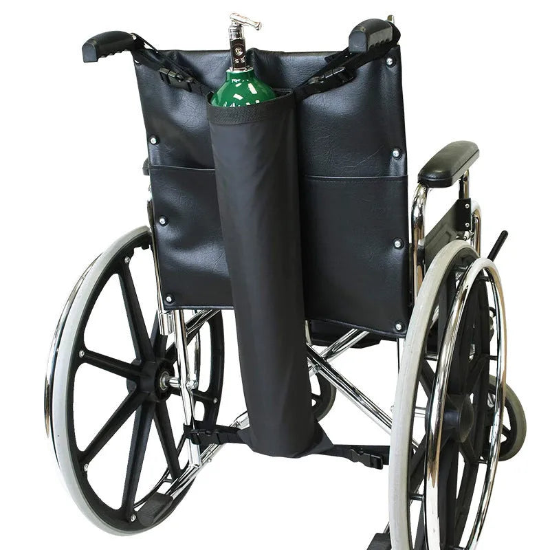Black cylindrical wheelchair pannier bag made from 600D Oxford cloth for oxygen cylinder storage during travel