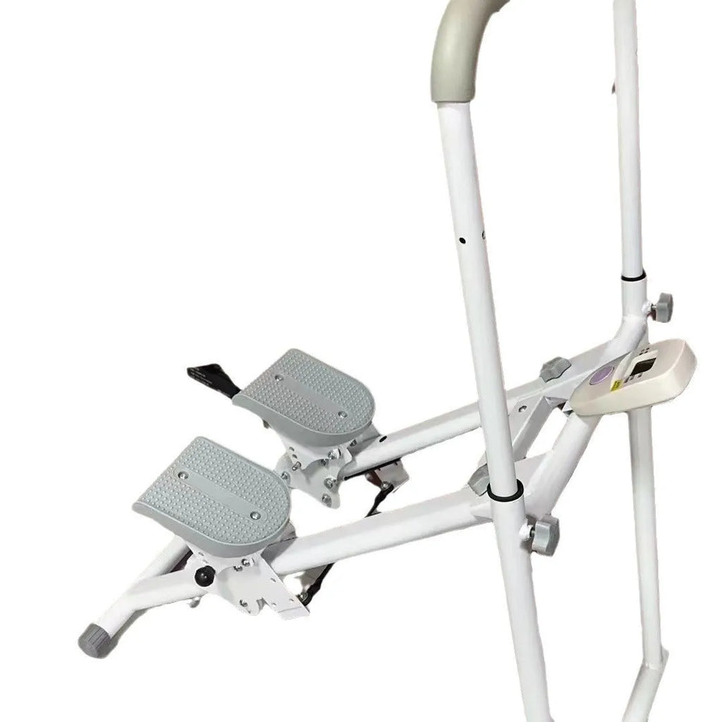 White folding treadmill with integrated climbing bars for home fitness