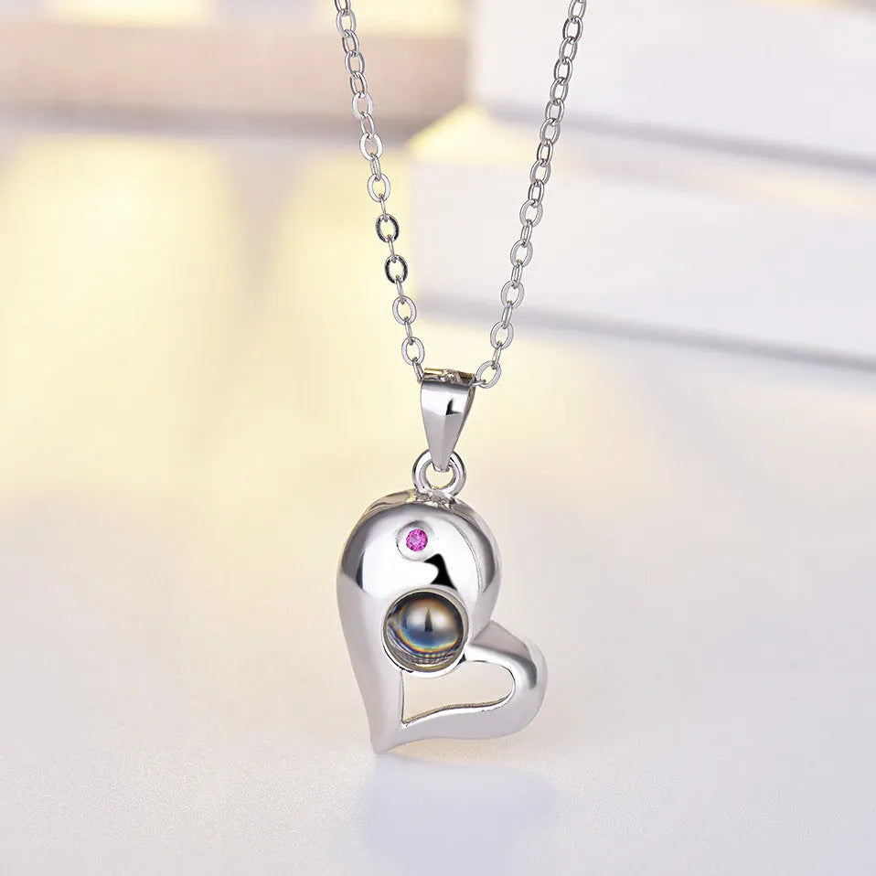 925 silver heart-shaped photo projection couple necklace with silver finish
