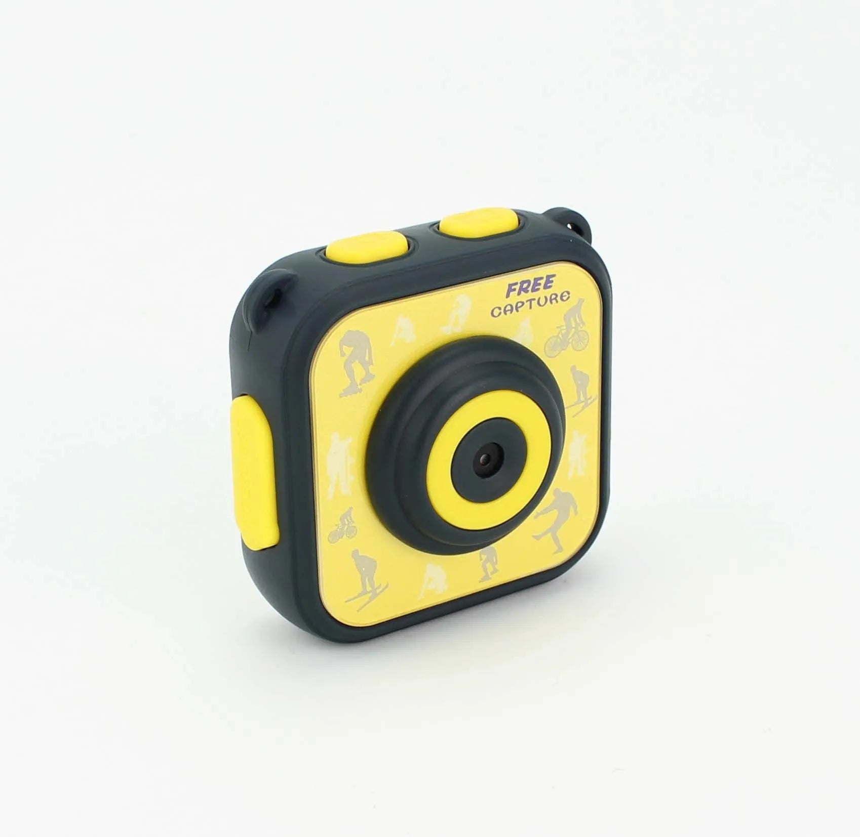 Yellow children's waterproof sports camera with a 1.77-inch screen, shown from the front.