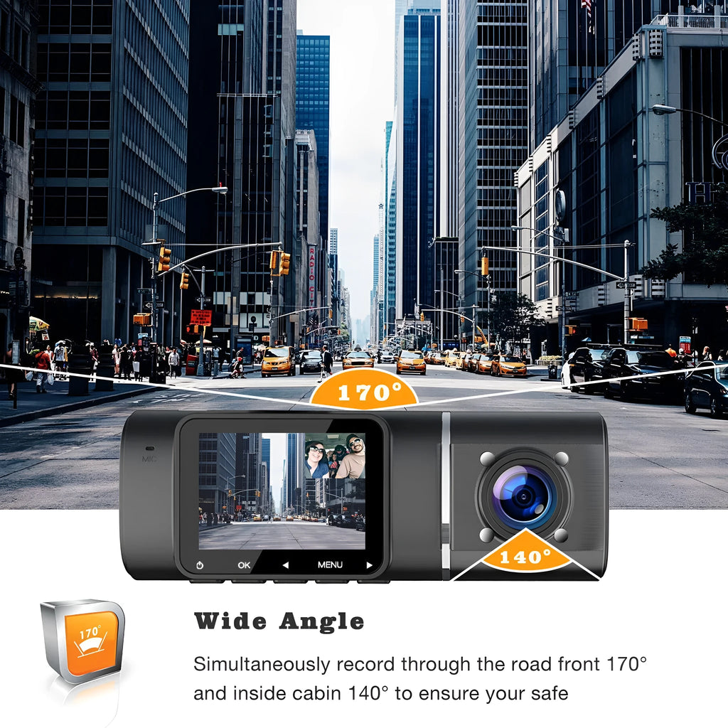 Black dash camera with dual lenses for front and rear recording, 1.5-inch screen, and car mounting stand