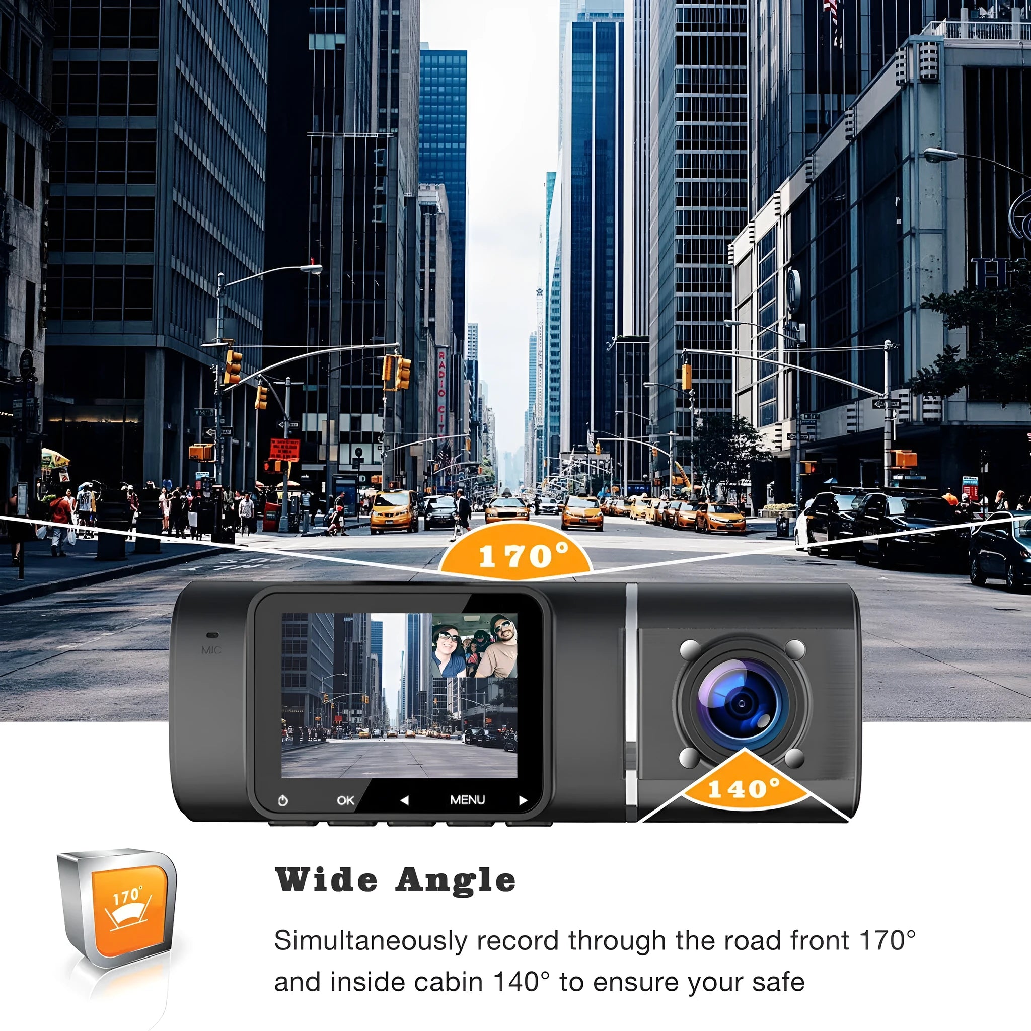 Black dash camera with dual lenses for front and rear recording, 1.5-inch screen, and car mounting stand