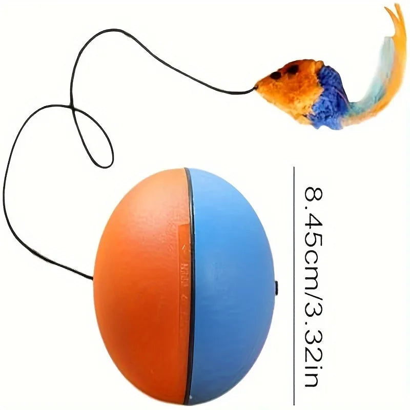 Interactive cat toy ball with plush mouse attachment in grey or orange colour