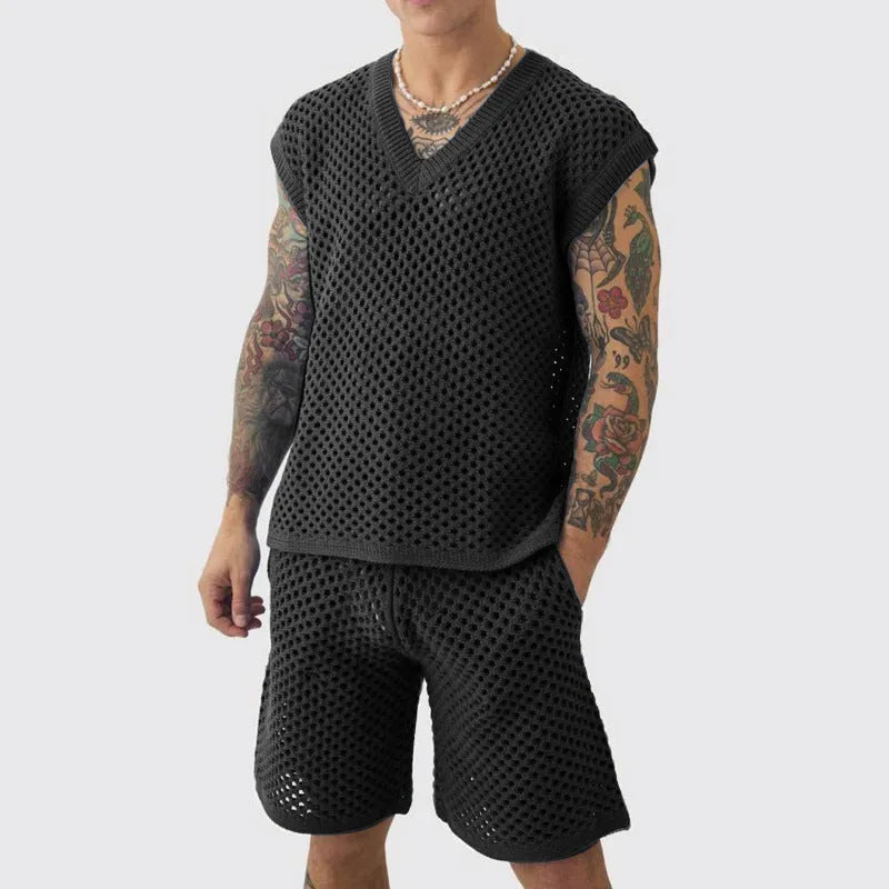 Men's blue V-neck sleeveless vest with matching shorts sports suit set