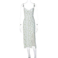 Women's blue lace print long dress with suspender straps and a side slit.