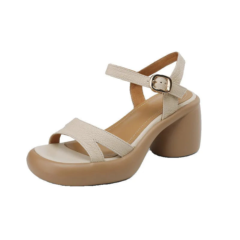 Women's open toe platform sandals in apricot colour with rounded toe holder and rubber sole