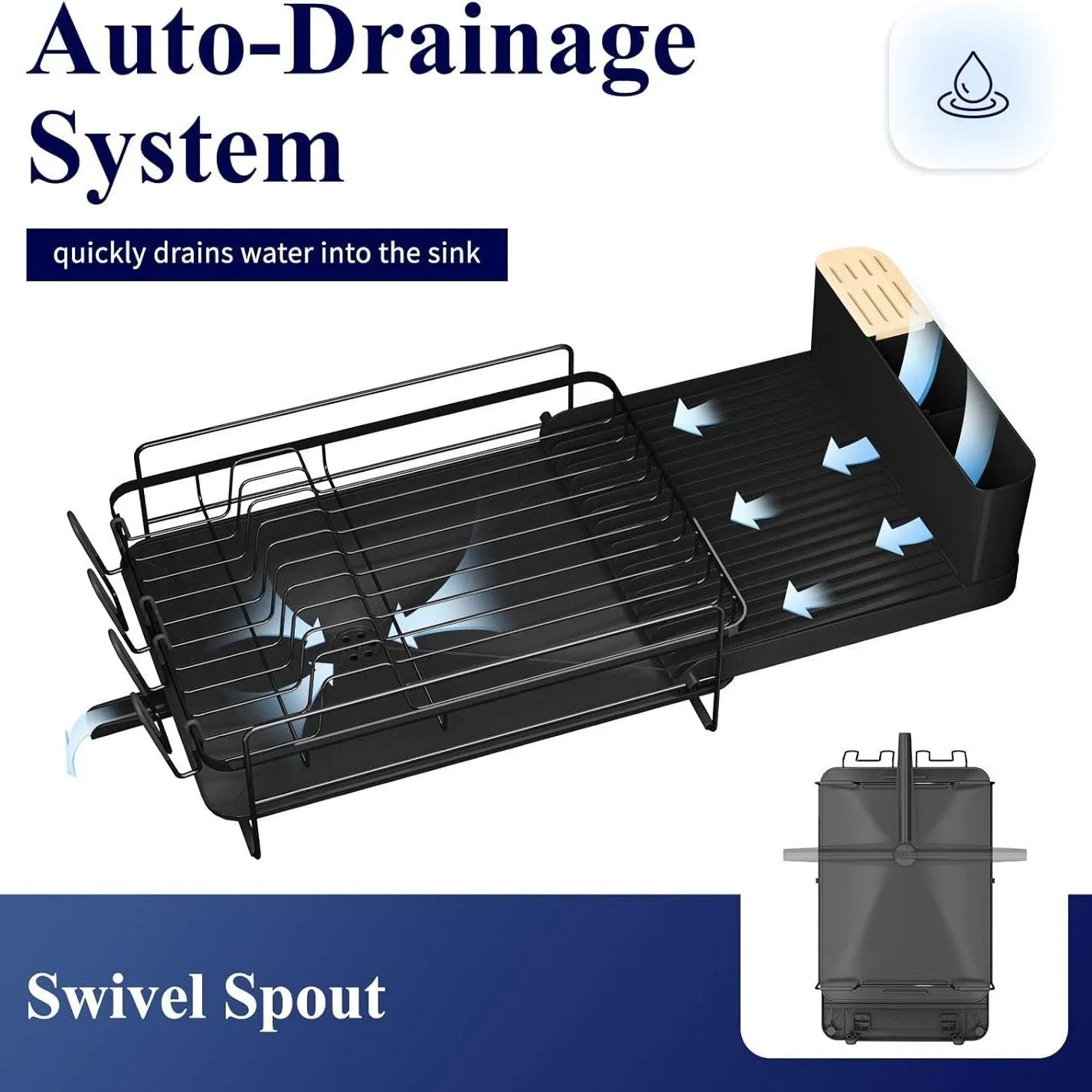 Retractable foldable kitchen dish rack made of carbon steel with cutlery and cup holders.