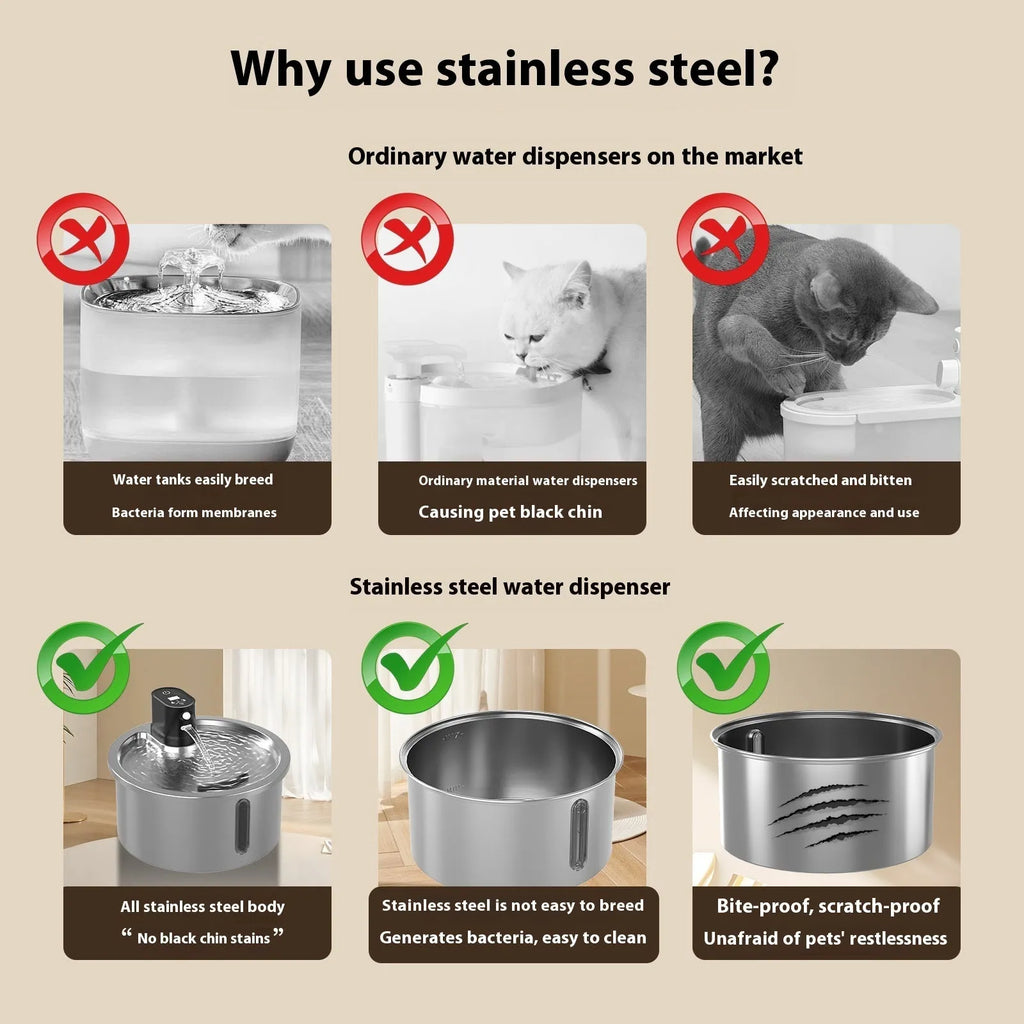 Stainless steel cat water fountain with heating base in black or white