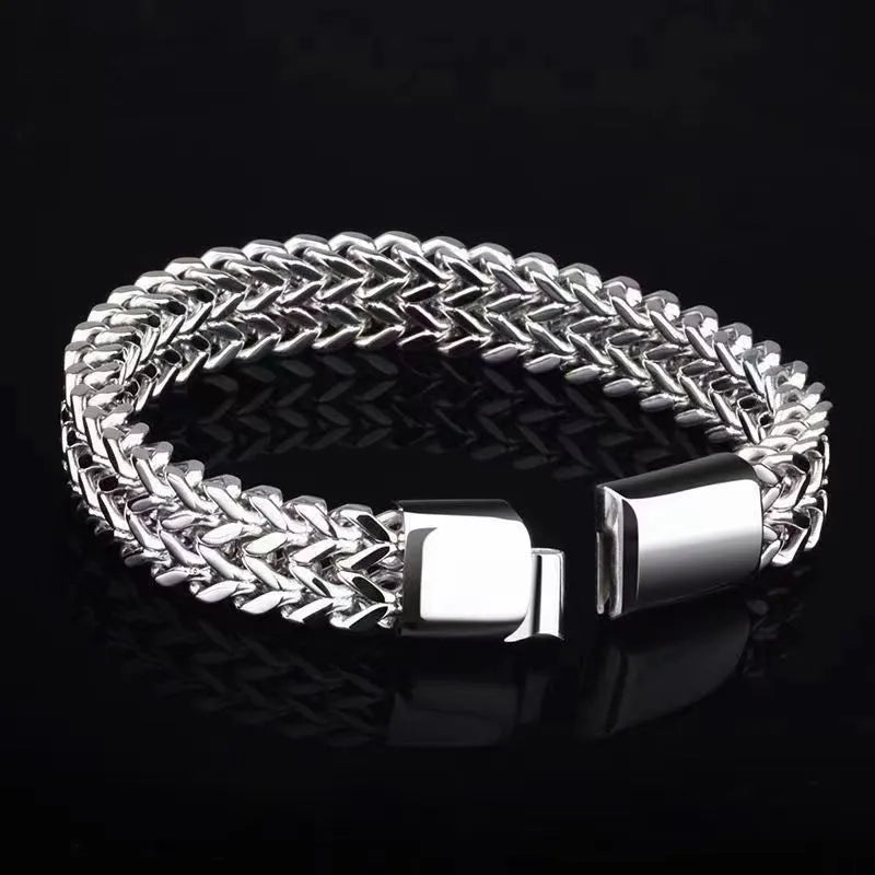 Silver titanium steel men's geometric link bracelet showing 4x8mm and 5x10mm size options.