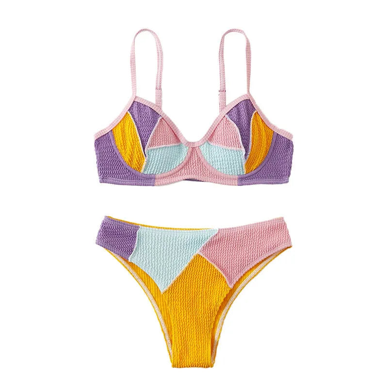 Ladies polyester bikini set with steel bracket push-up top and matching shorts in coordinating colours