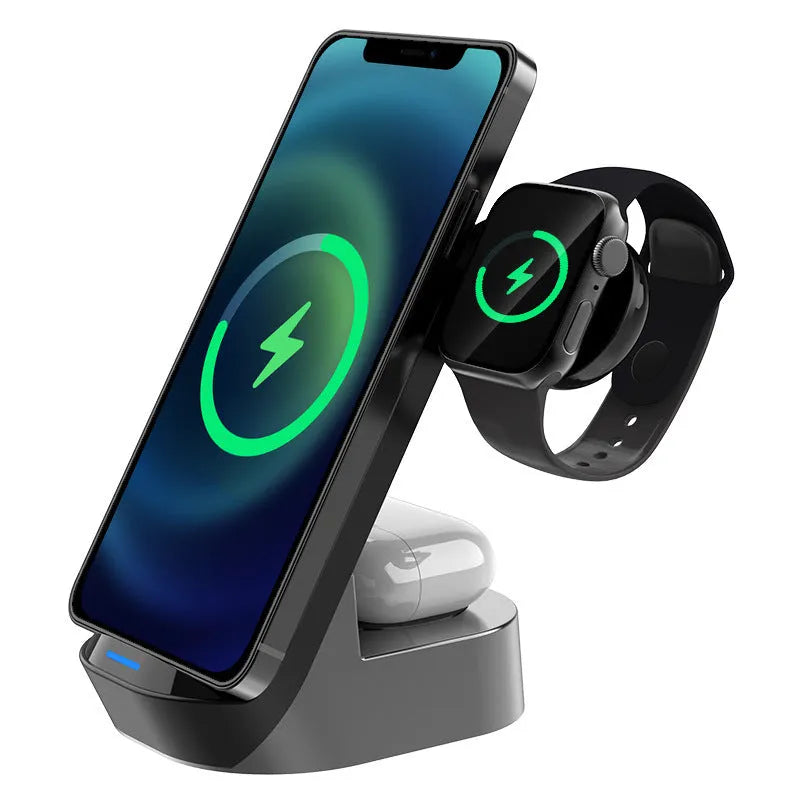 Dark grey foldable 3-in-1 wireless charging stand with phone, watch and earbuds charging simultaneously