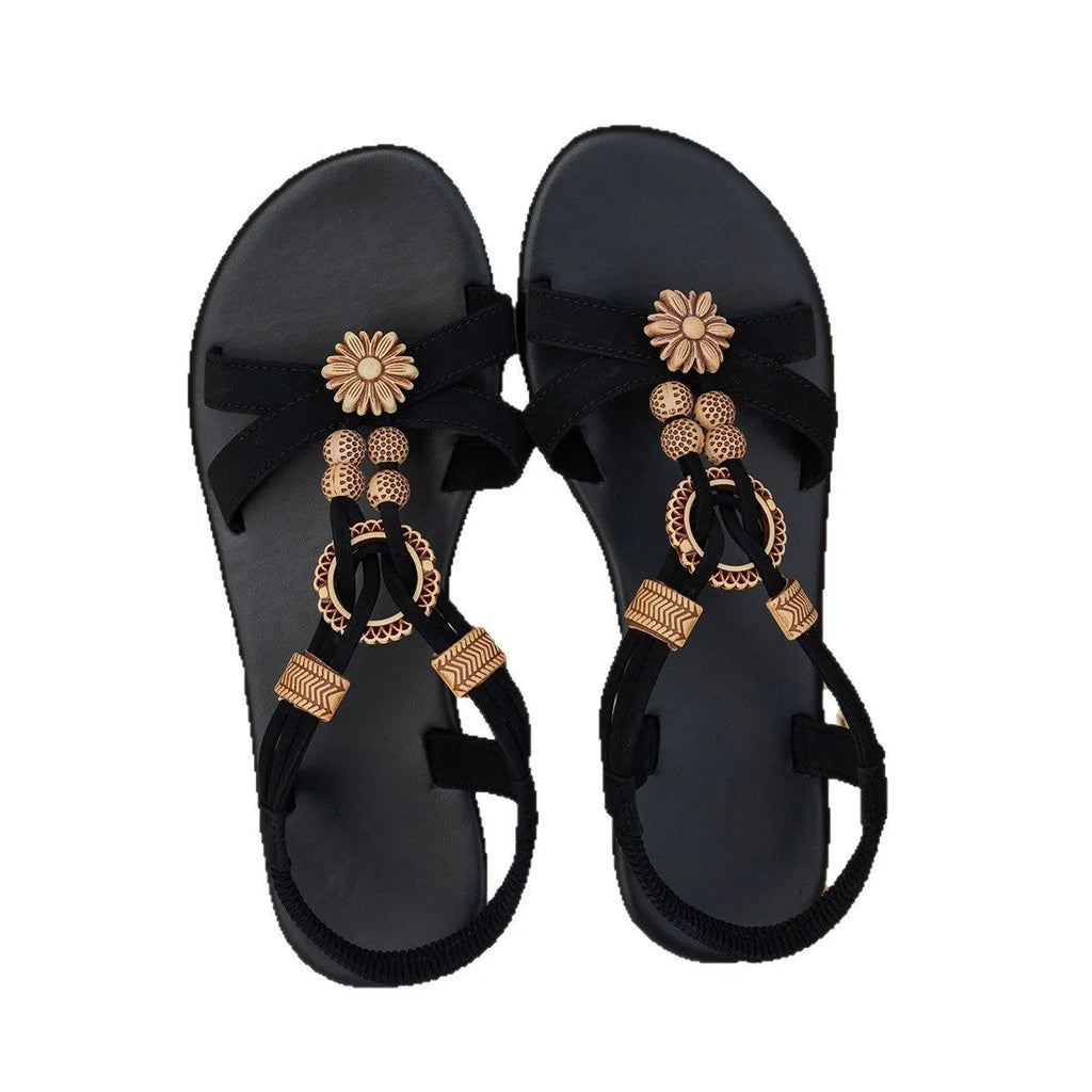 Black women's ethnic style flat beach sandals with beaded weave design and elastic band