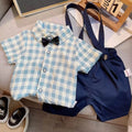 Children's blue plaid summer suit with short-sleeved blouse, suspender pants, and bow tie, sizes 80cm-110cm