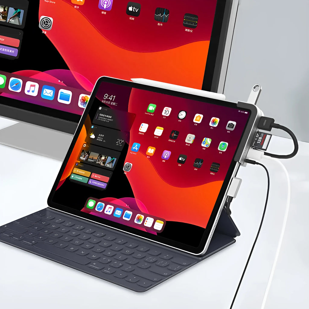 Silver aluminium grey USB Type-C 6-in-1 docking station for iPad Pro with HDMI port and SD/TF card readers