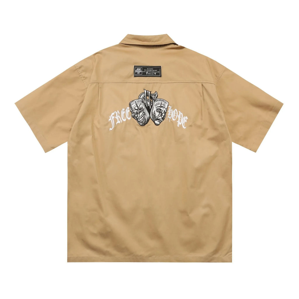 Men's black cotton blend embroidered work shirt with half sleeves and loose fit design