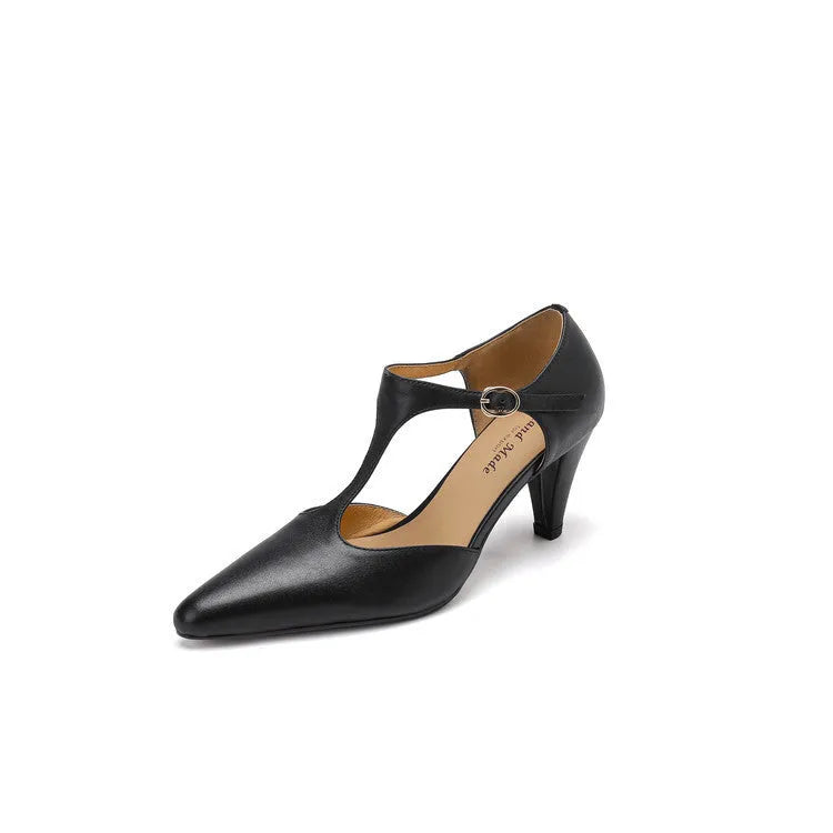 Brown retro women's sandals with a T-strap, buckle, closed round toe, and a short stout heel.