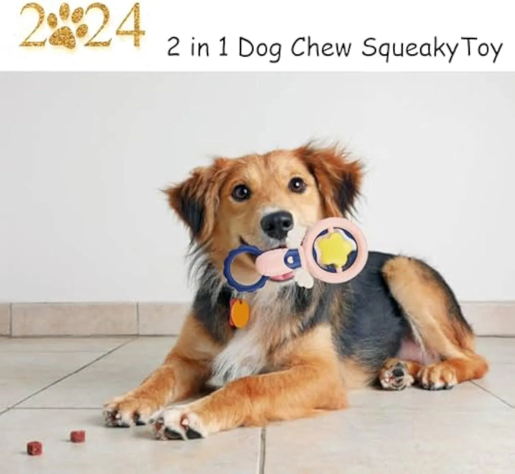Set of four interactive dog toys with dental cleaning shapes and safety rings for large breed dogs