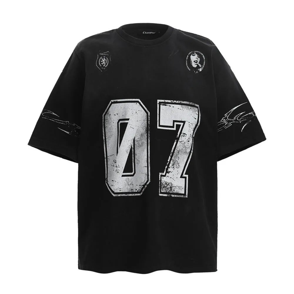Men's black and white pure cotton short-sleeved t-shirt with a printed design, shown in sizes S to XL.