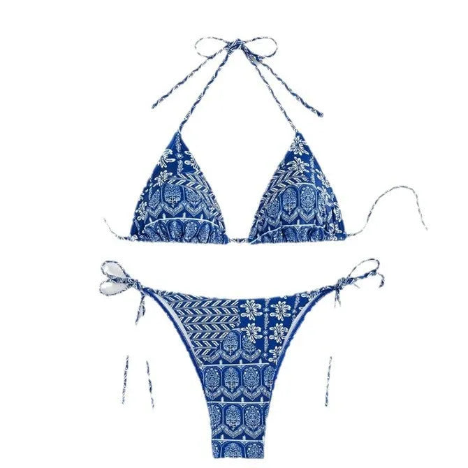 Women's split bikini swimsuit with bandage stitching detail in polyester fabric
