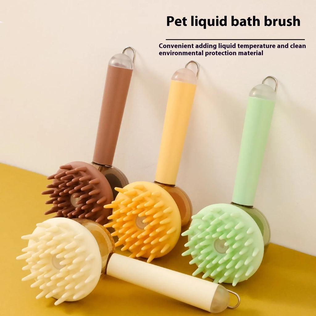 3 in 1 pet bath brush with shampoo dispenser, silicone soft nails, non-slip 18cm handle, for dogs and cats