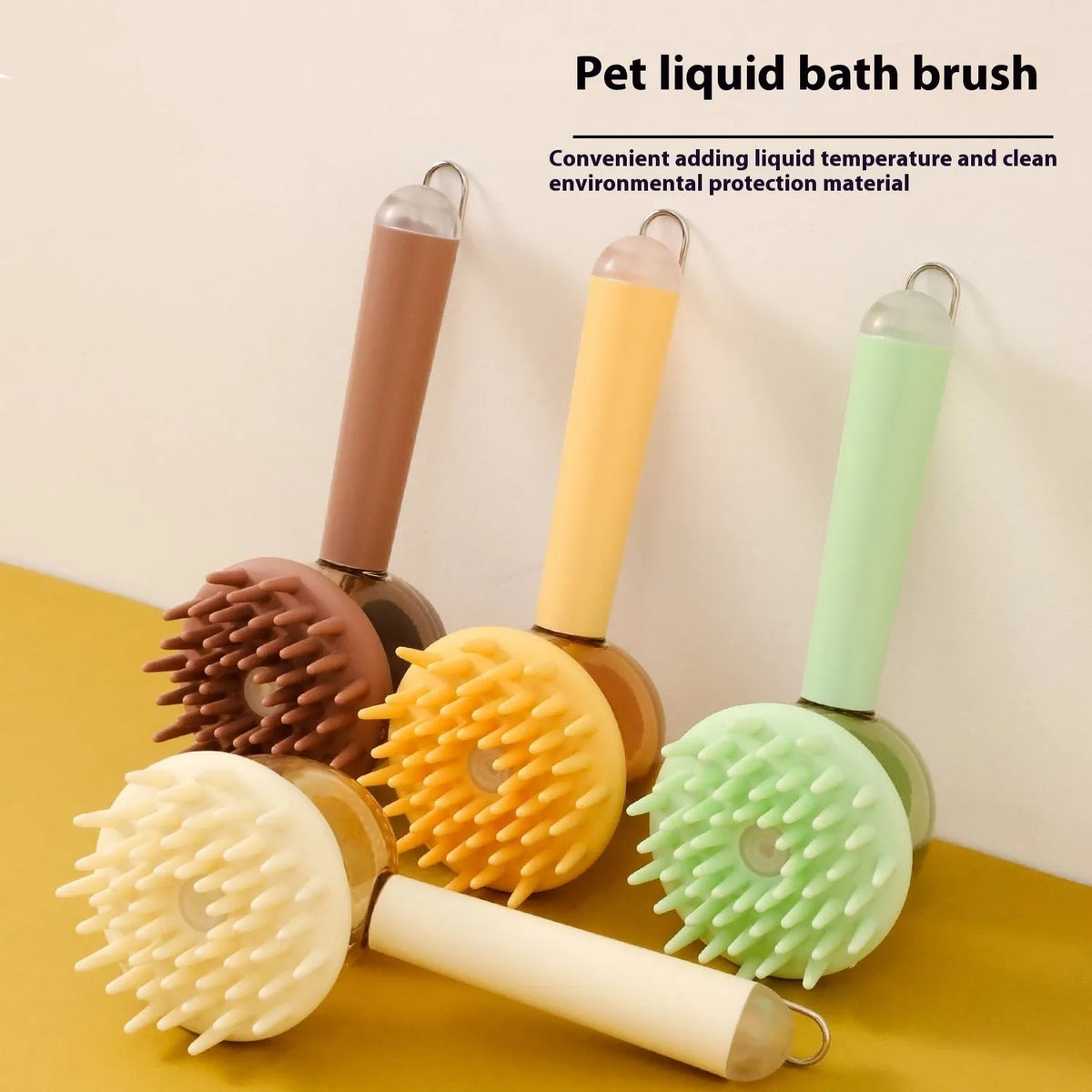 3 in 1 pet bath brush with shampoo dispenser, silicone soft nails, non-slip 18cm handle, for dogs and cats