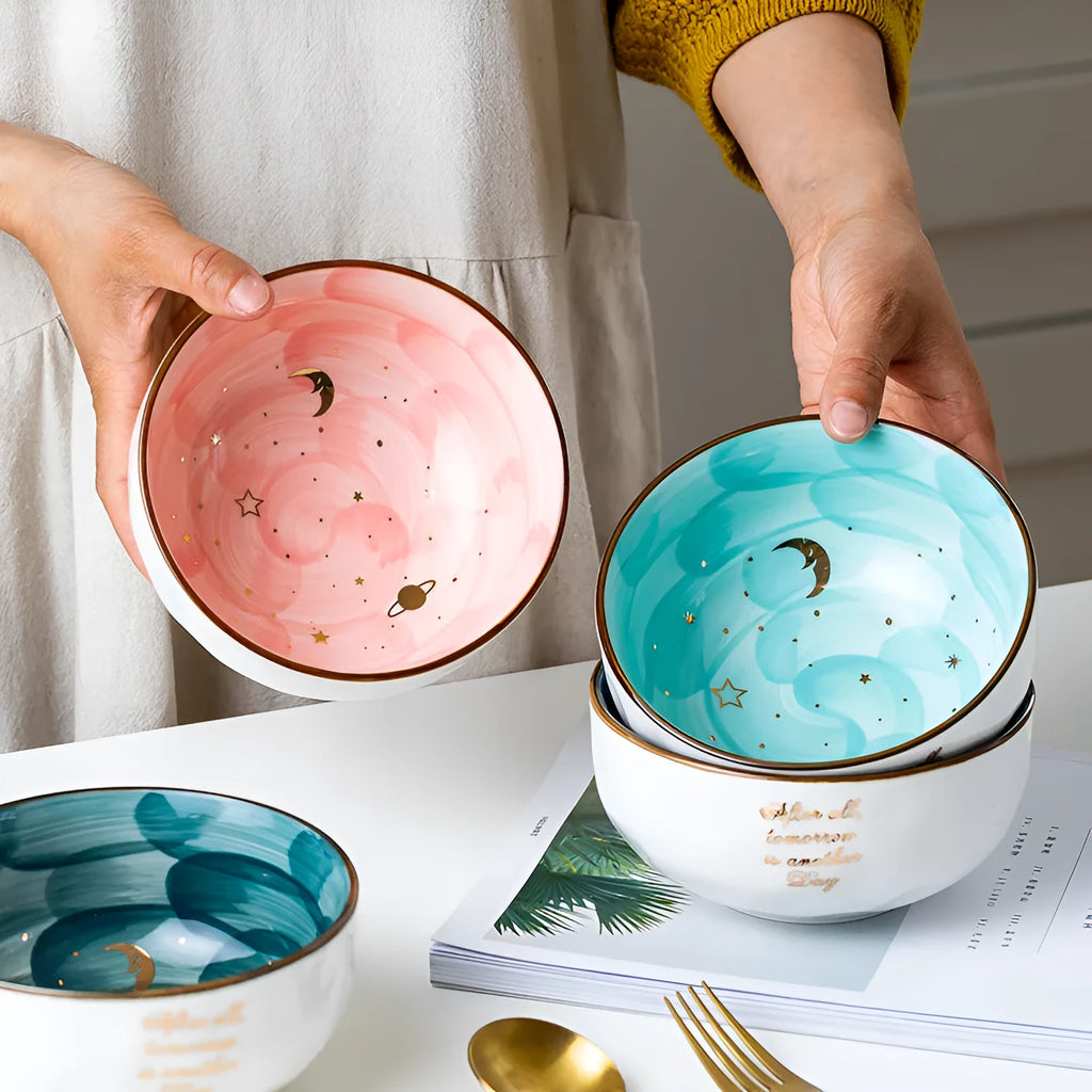 Ceramic breakfast salad bowl with star bowl design in green colour option