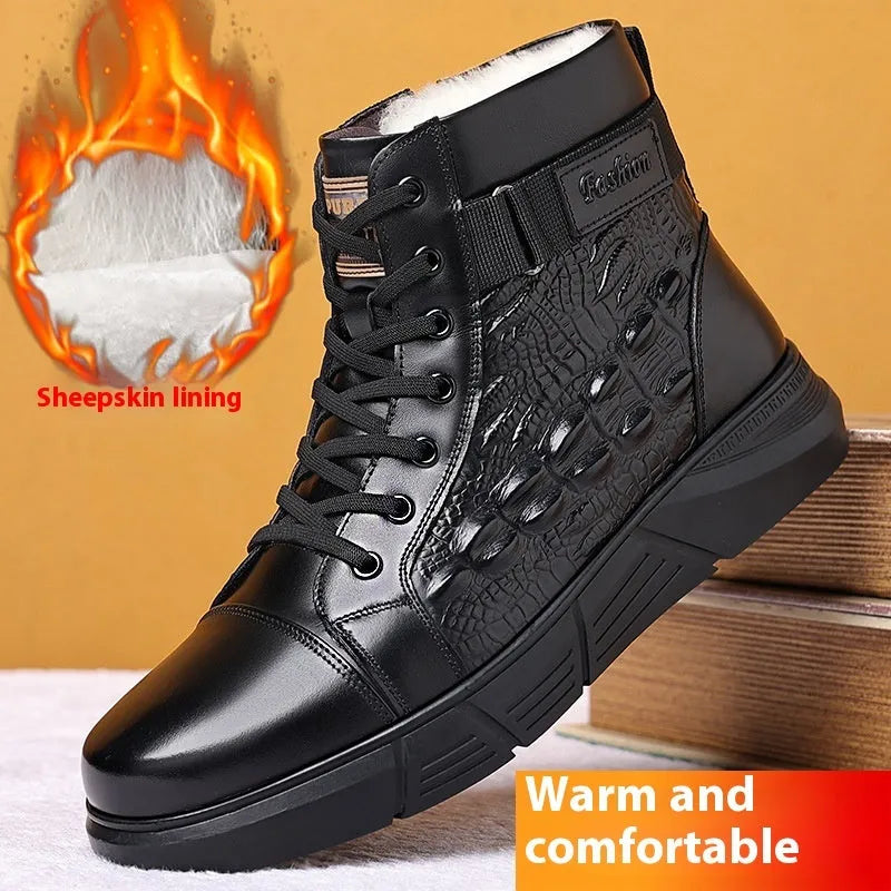 Genuine leather snow boots with integrated fur, non-slip rubber soles, and front lace-up closure