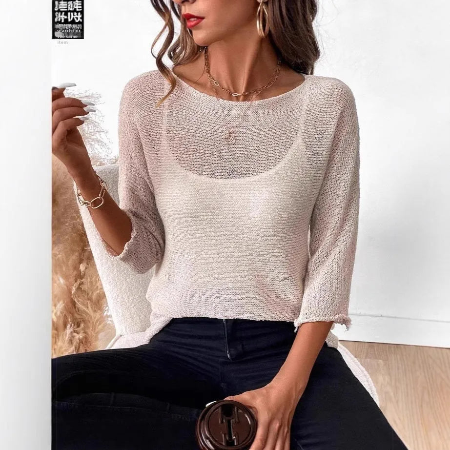 Women's off-shoulder knitted top in thin polyester with 3D pattern and 3/4 sleeves